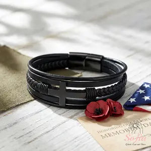 Cross Leather Braided Bracelet - Memorial Day Gift Personalized Available - 8 inches Leather Bangle Multilayer