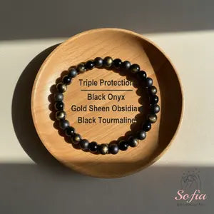 Sofia Triple Protection Bracelet 6mm Black Gemstone Stretch Healing Boho Style Adjustable Bangle for Daily Use