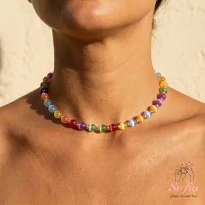 Sofia Dopamine Necklace - Rainbow Beaded Choker - UV Reactive Necklace Waterproof - Summer Jewelry Stainless